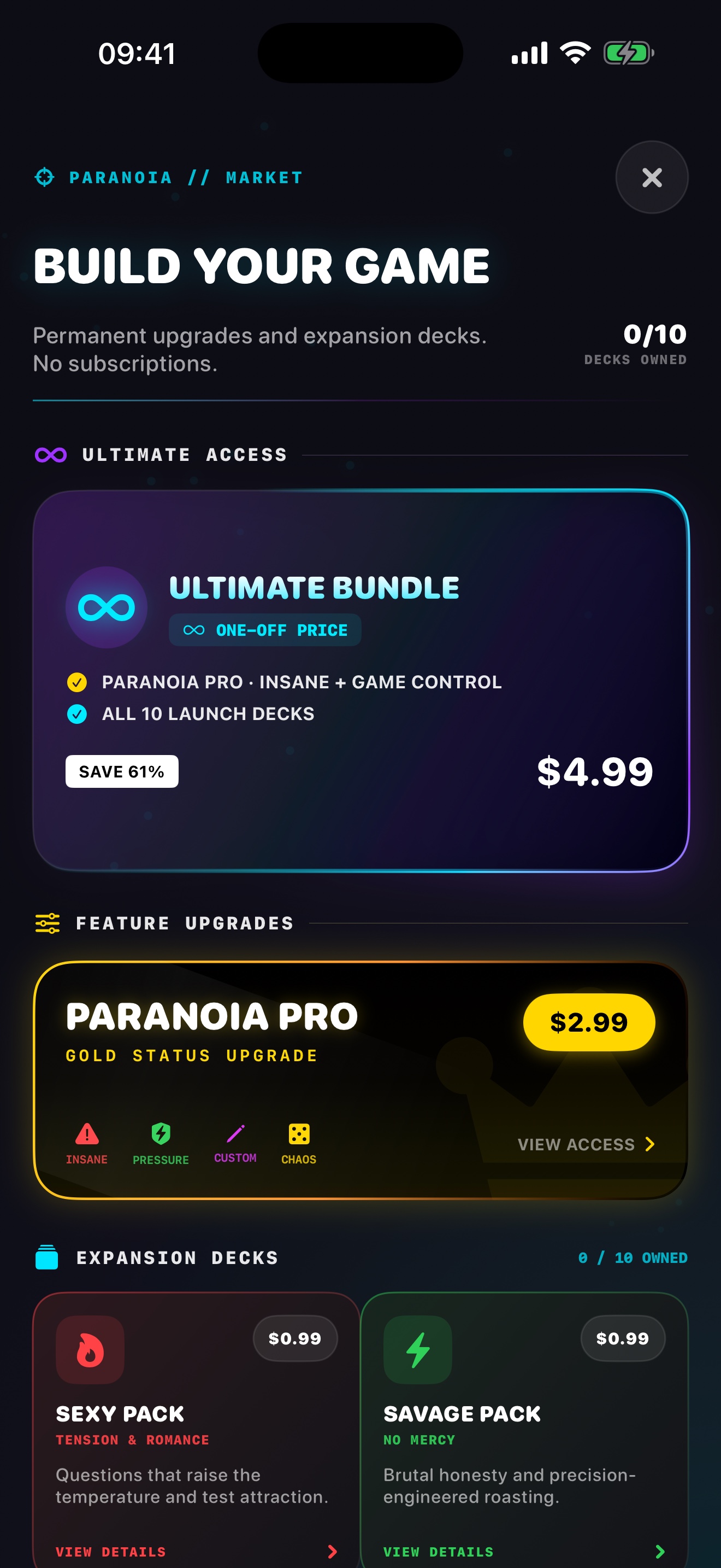 Paranoia marketplace showing the ownership-aware Ultimate Bundle and Paranoia Pro